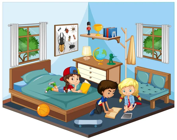 Kids Bedroom Blue Theme Scene White Background Illustration — Stock Vector