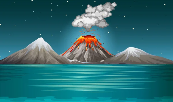 Erupción Volcánica Escena Naturaleza Por Noche Ilustración — Vector de stock