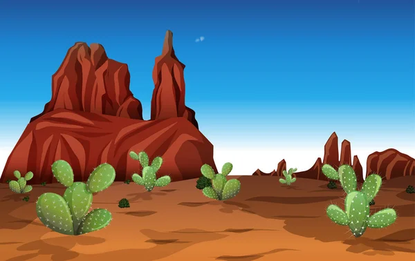 Deserto Com Montanhas Rochosas Paisagem Cacto Dia Ilustração Cena — Vetor de Stock