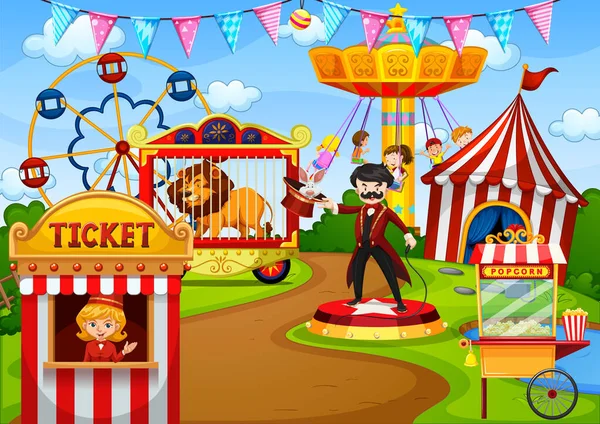 Amusement Park Circus Cartoon Style Scene Illustration — Stock Vector