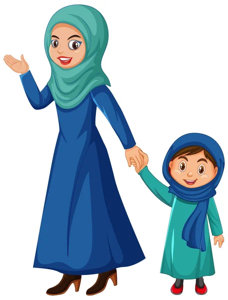 穆斯林母亲和儿童卡通人物插图 — 图库矢量图片