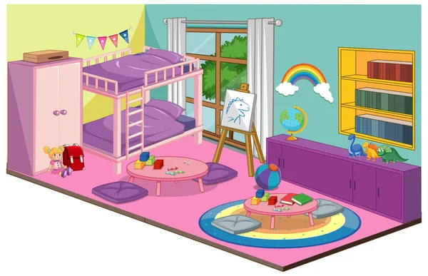 Interior Del Dormitorio Niña Con Muebles Elementos Decoración Rosa Tema — Vector de stock