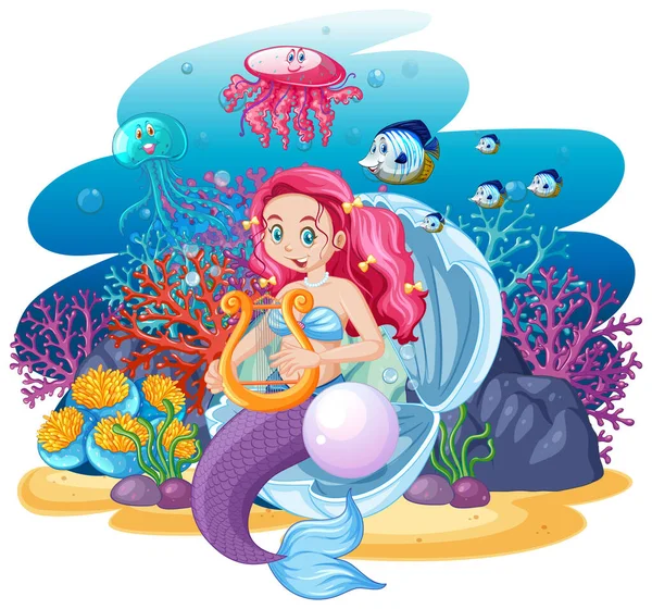 Meerjungfrau Sitzt Auf Muschel Und Meerestier Cartoon Stil Illustration — Stockvektor