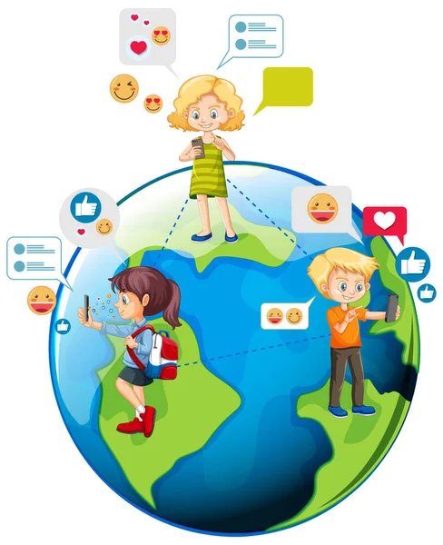 Kinder Mit Social Media Elementen Auf Der Erde — Stockvektor