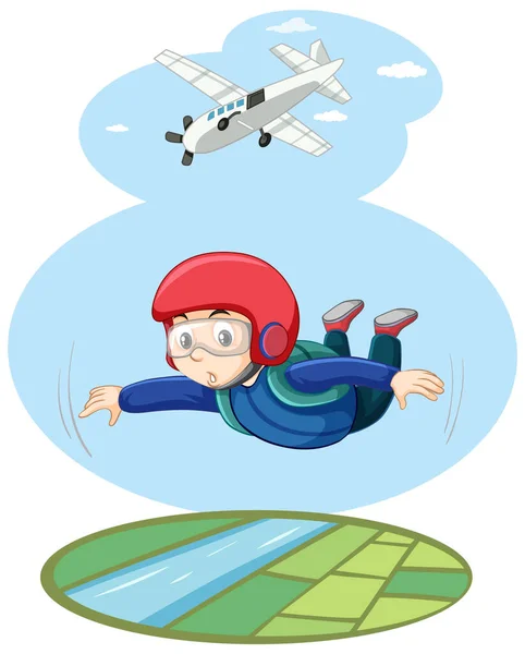 Skydriver Vliegen Heldere Hemel Met Vliegtuig Cartoon Stijl Illustratie — Stockvector