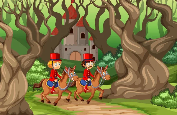 森林中的童话场景与城堡和士兵皇家卫队一起展示 — 图库矢量图片