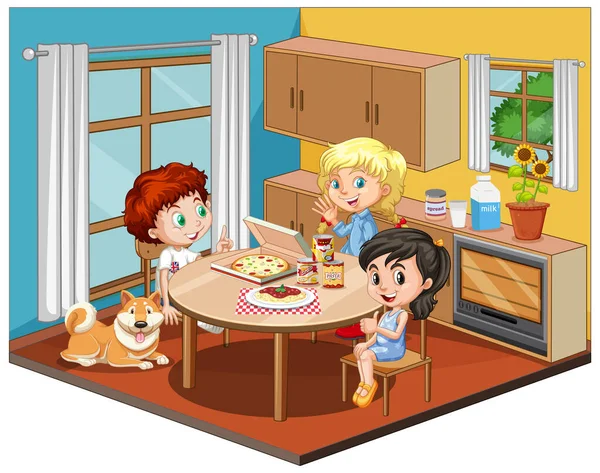 Niños Escena Del Comedor Sobre Fondo Blanco Ilustración — Vector de stock