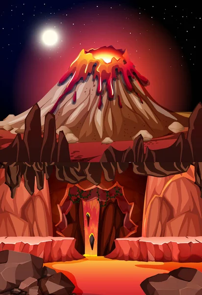 Infernal Mörk Grotta Med Lava Scen Illustration — Stock vektor