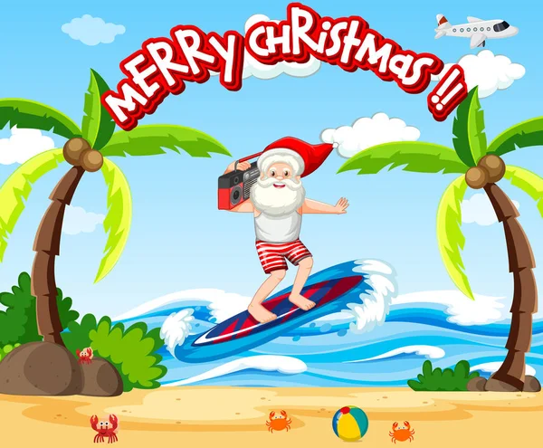 Papai Noel Surfando Praia Para Ilustração Natal Verão — Vetor de Stock