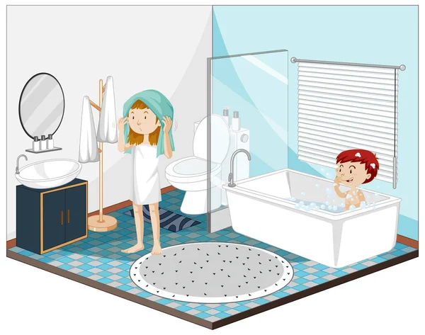 Gyerekek Fürdőszobában Bútorokkal Illusztráció — Stock Vector