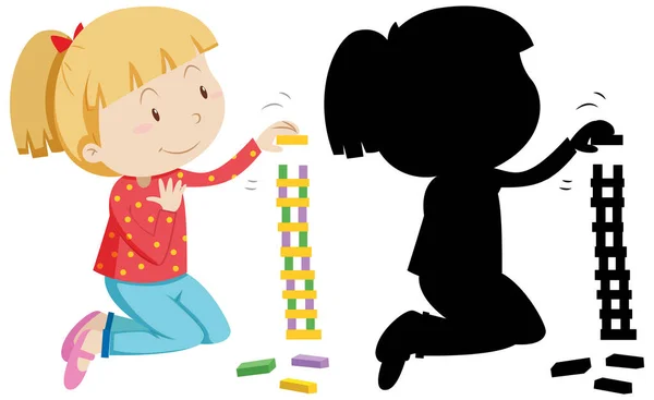 Chica Jugando Jenga Con Silueta Ilustración — Archivo Imágenes Vectoriales