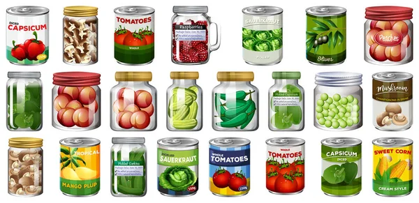 Ensemble Différents Aliments Conserve Aliments Dans Des Pots Illustration Isolée — Image vectorielle