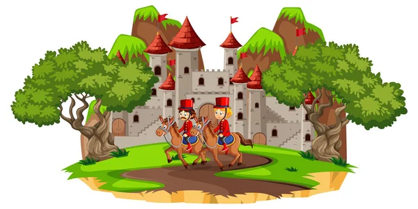 白色背景图上有城堡和士兵皇家卫队的童话场景 — 图库矢量图片