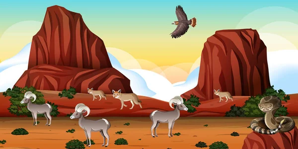 Pustynia Górami Skalnymi Pustynnym Krajobrazem Zwierząt Scenie Dnia Ilustracja — Wektor stockowy