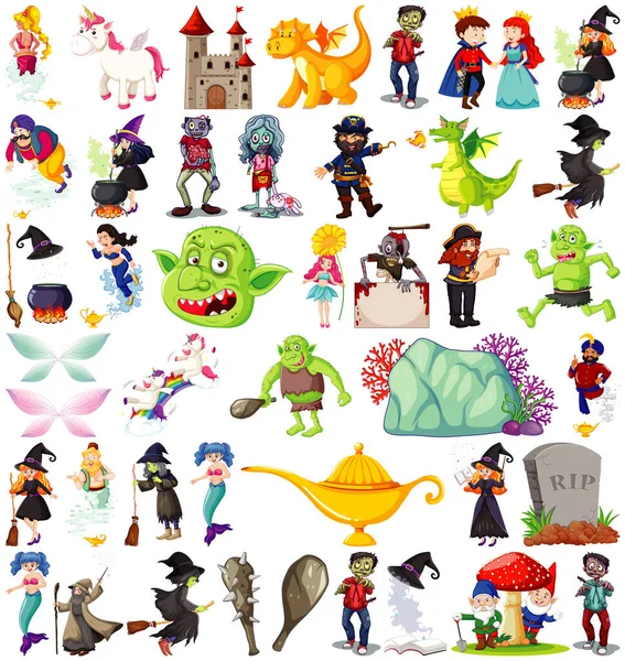 Set Fantasy Cartoon Characters Fantasy Theme Isolated White Background Illustration — Stock Vector