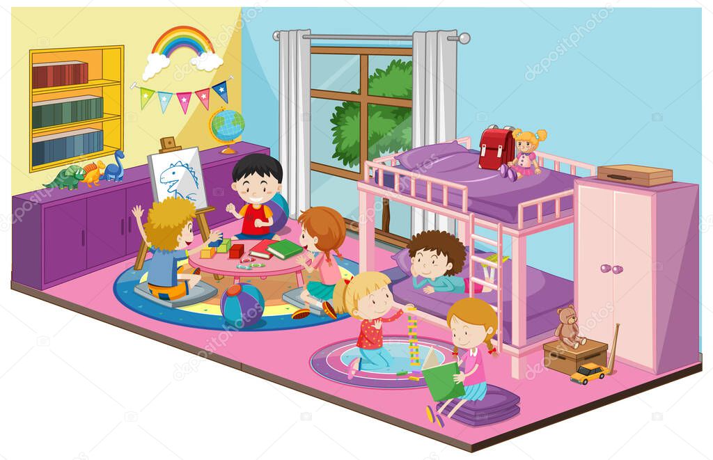 Children in the bedroom with furnitures in purple theme illustration