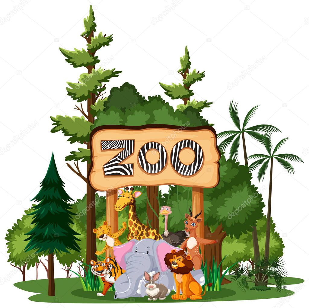 Wild animal or zoo animal group with nature elements on white background illustration