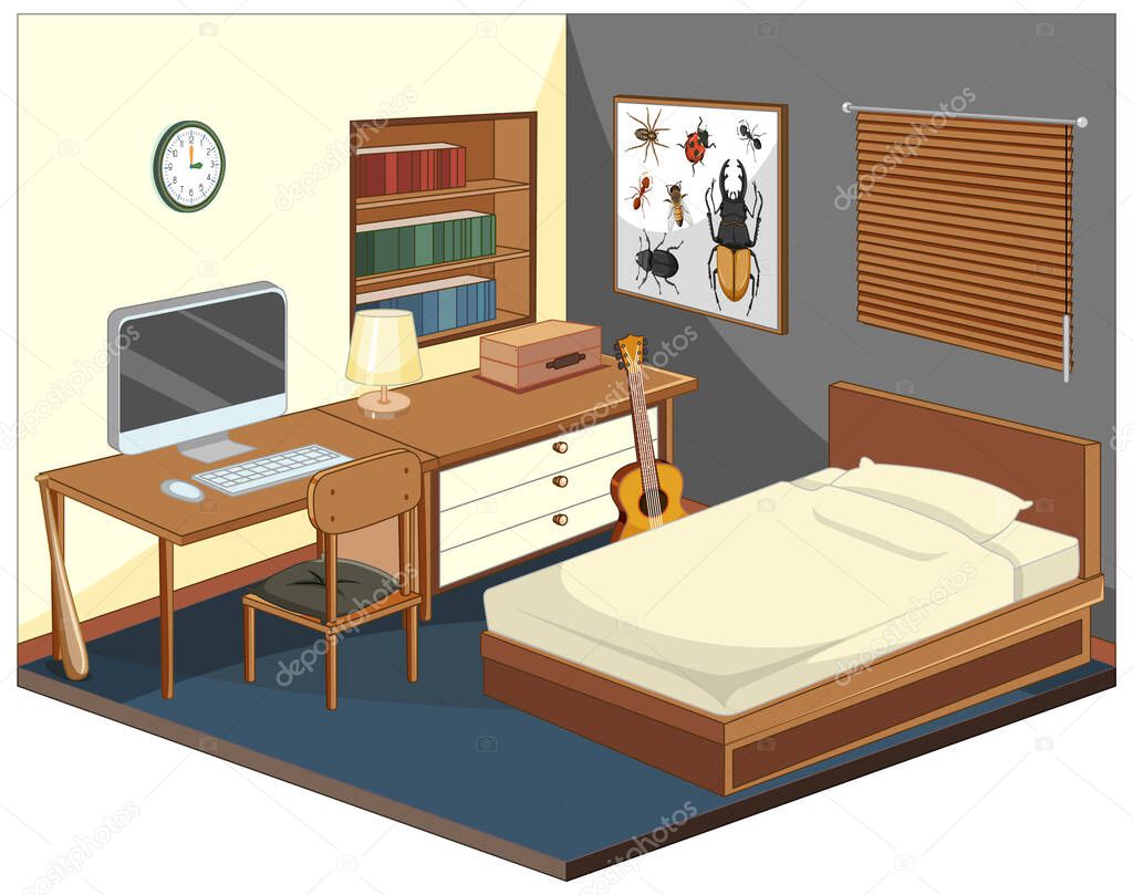 Bedroom with furnitures isometric illustration