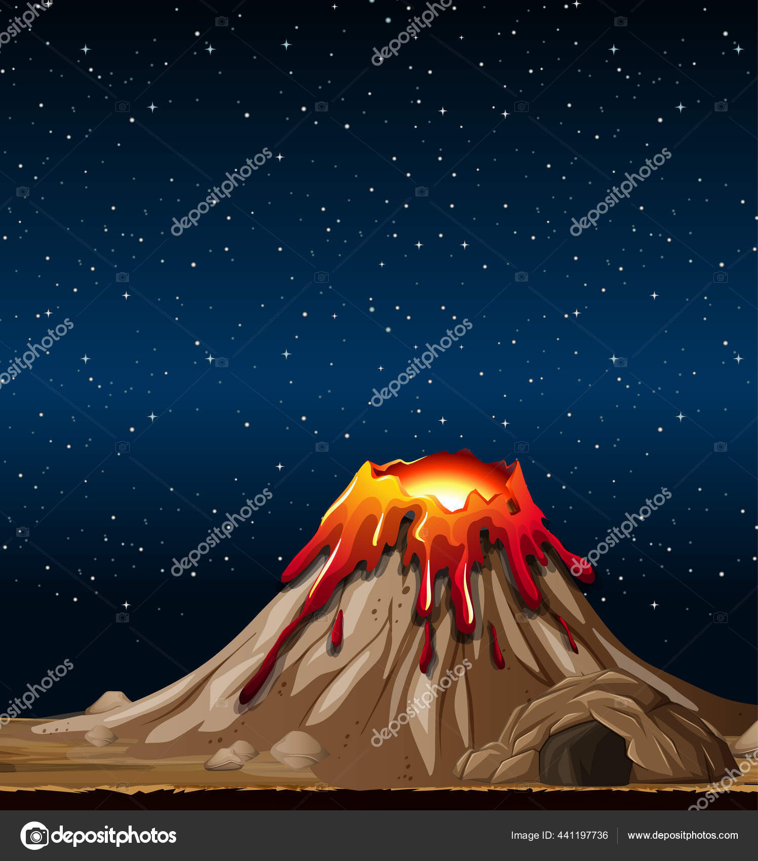 Letusan Gunung Berapi Alam Adegan Pada Ilustrasi Malam Stok Vektor Blueringmedia 441197736