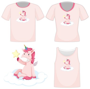 Beyaz arkaplanda izole edilmiş farklı beyaz gömleklerdeki şirin pembe tek boynuzlu at logosu.