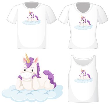 Beyaz arkaplanda izole edilmiş beyaz gömleklerdeki şirin tek boynuzlu at logosu.