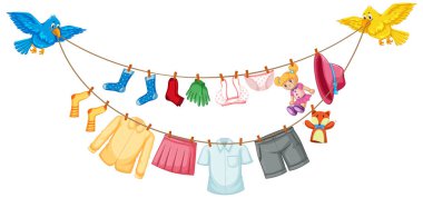 İzole giysiler beyaz arkaplanda çamaşır ipinde asılı.