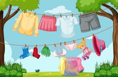 Bahçede asılı duran giysiler.