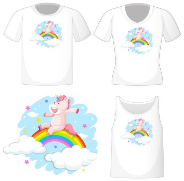 Beyaz arkaplanda izole edilmiş beyaz gömleklerdeki şirin tek boynuzlu at logosu.