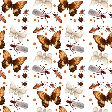 Farklı böcekler pürüzsüz desenli beyaz arkaplan resimlemesi