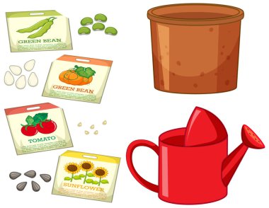 Bahçe araçları illüstrasyonu ile paket içinde farklı tohumlar kümesi