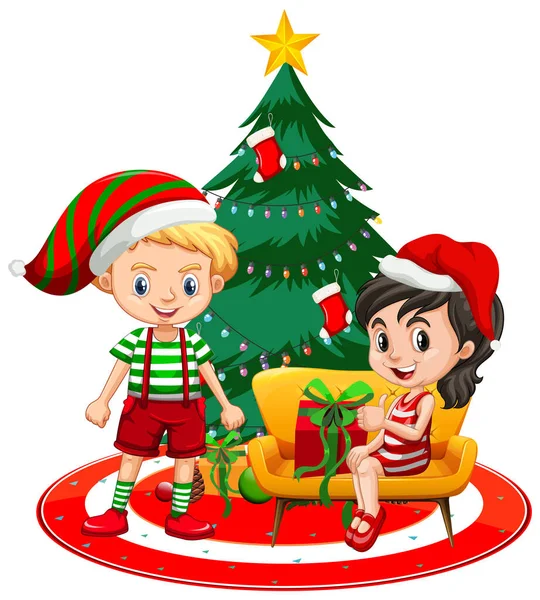 Kinder Tragen Weihnachtskostüm Cartoon Figur Mit Weihnachtsbaum Auf Weißem Hintergrund — Stockvektor