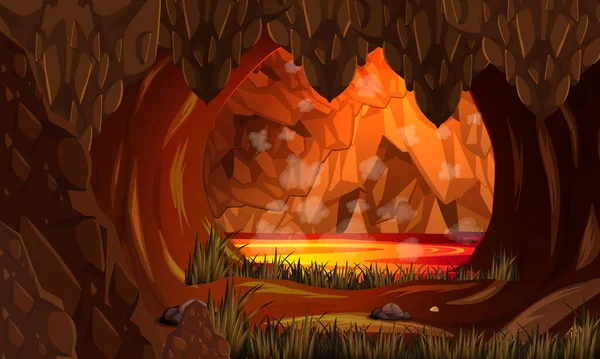 Cueva Oscura Infernal Con Ilustración Escena Lava — Vector de stock