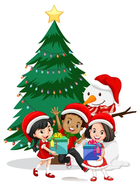 Kinder Tragen Weihnachtskostüm Cartoon Figur Mit Schneemann Auf Weißem Hintergrund — Stockvektor