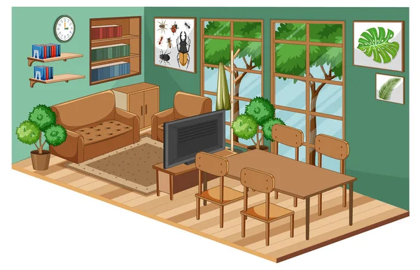 家具や緑の壁のイラストとリビングルームのインテリア — ストックベクタ