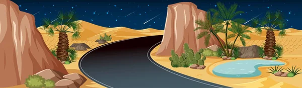 Woestijn Met Weg Natuur Landschap Nachts Scène Illustratie — Stockvector
