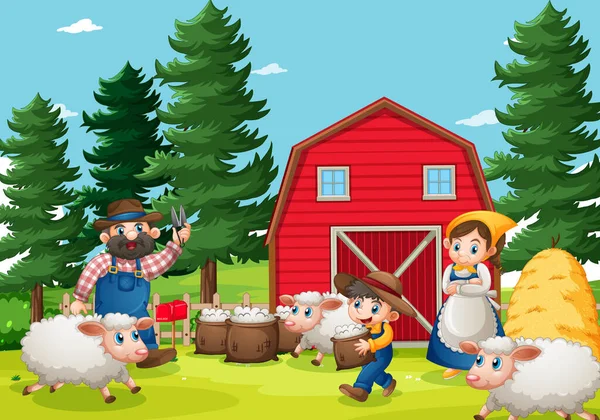 Happy Family Farm Scene Cartoon Style Illustration - Stok Vektor