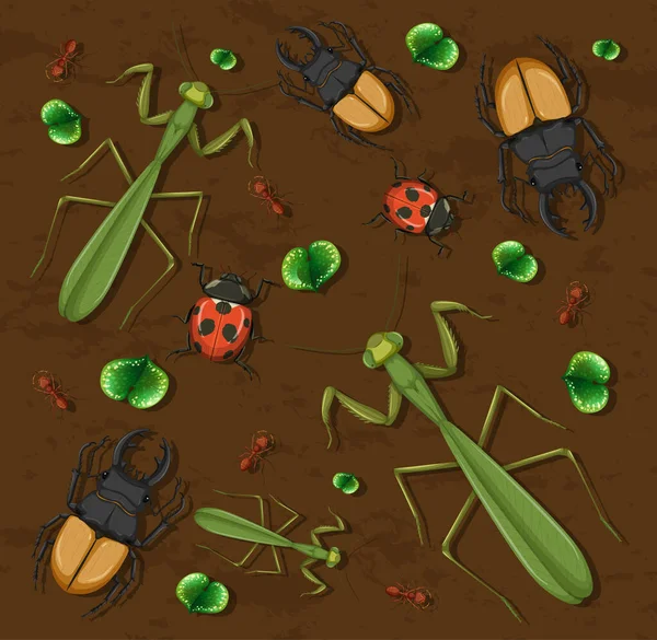 Set Van Verschillende Insecten Houten Achtergrond Illustratie — Stockvector