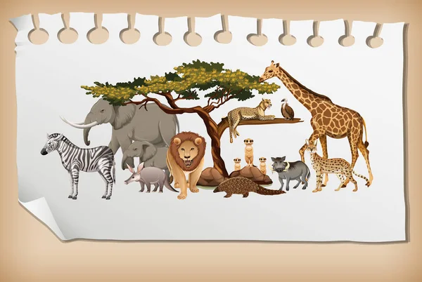 Grupo Animales Salvajes Africanos Papel Ilustración — Archivo Imágenes Vectoriales