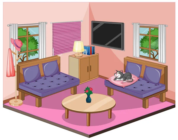 Interior Sala Estar Con Muebles Rosa Tema Ilustración — Vector de stock