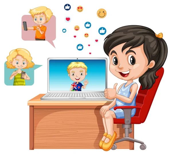 Bambini Con Elementi Social Media Sfondo Bianco Illustrazione — Vettoriale Stock