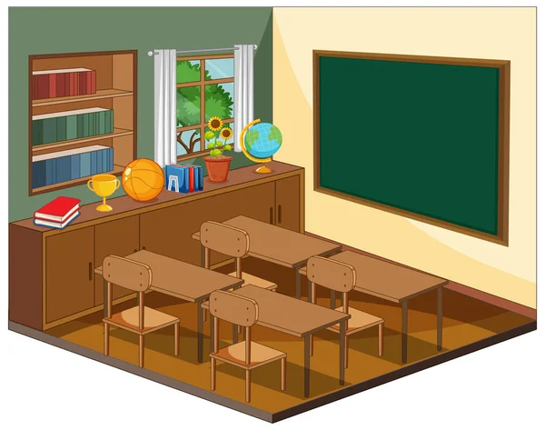 空荡荡的教室内部 附有课堂元素说明 — 图库矢量图片