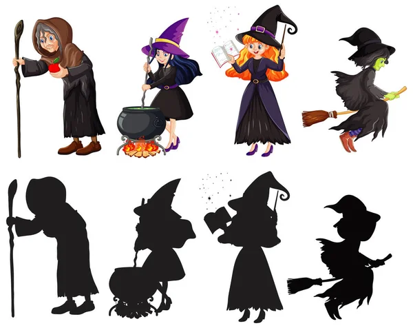 Wizard Witches Color Silhouette Cartoon Character Isolated White Background Illustration — Stock Vector