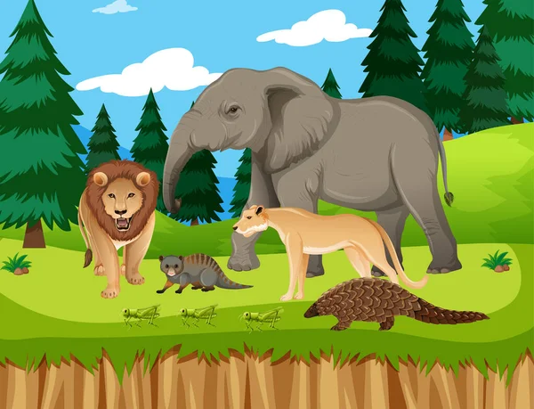 Grupo Animales Salvajes Africanos Escena Forestal Ilustración — Vector de stock