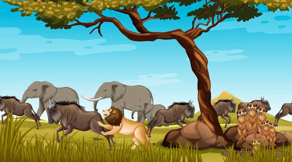 Grupo Animais Africanos Selvagens Cena Florestal Ilustração —  Vetores de Stock