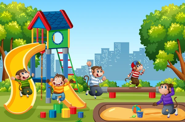 Fünf Kleine Affen Springen Auf Dem Spielplatz Park Illustration — Stockvektor