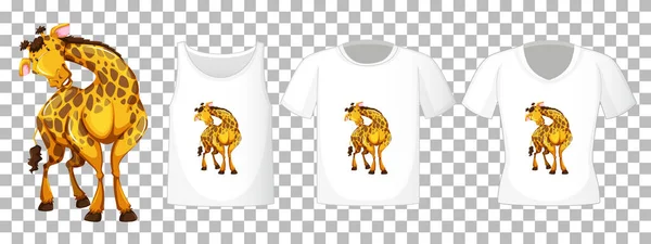 Girafa Stand Posição Personagem Desenho Animado Com Muitos Tipos Camisas — Vetor de Stock