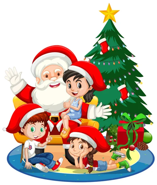 Santa Claus Sentado Regazo Con Muchos Niños Árbol Navidad Ilustración — Vector de stock