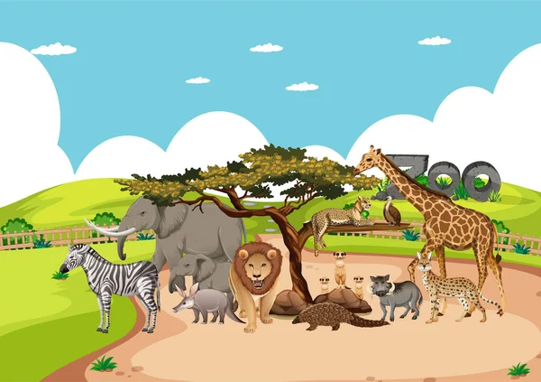 Grupo Animales Salvajes Africanos Escena Del Zoológico Ilustración — Vector de stock