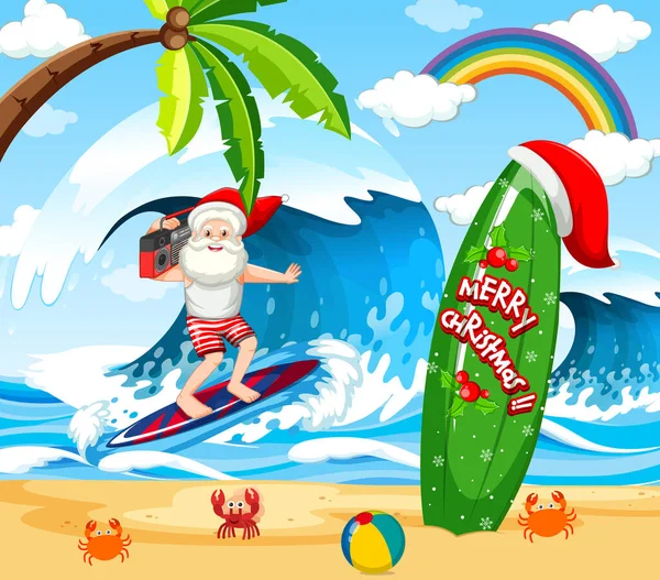 Santa Claus Surfing Plaży Lato Boże Narodzenie Ilustracja — Wektor stockowy