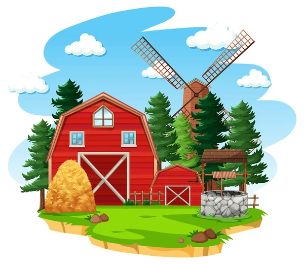 Granja Con Granero Rojo Molino Viento Sobre Fondo Blanco Ilustración — Vector de stock